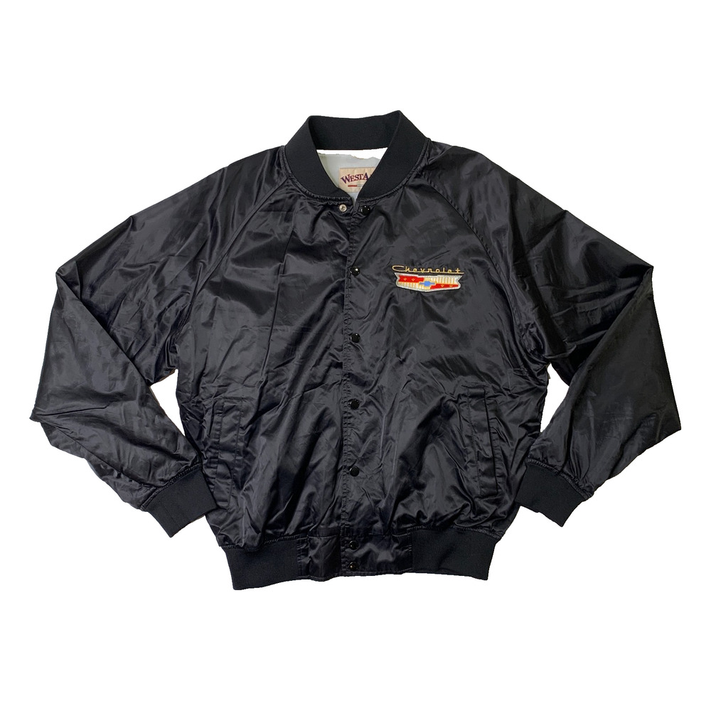 Vintage Chevrolet Jacket Mens Large Flannel Lined Satin Baseball Bomber West Ark